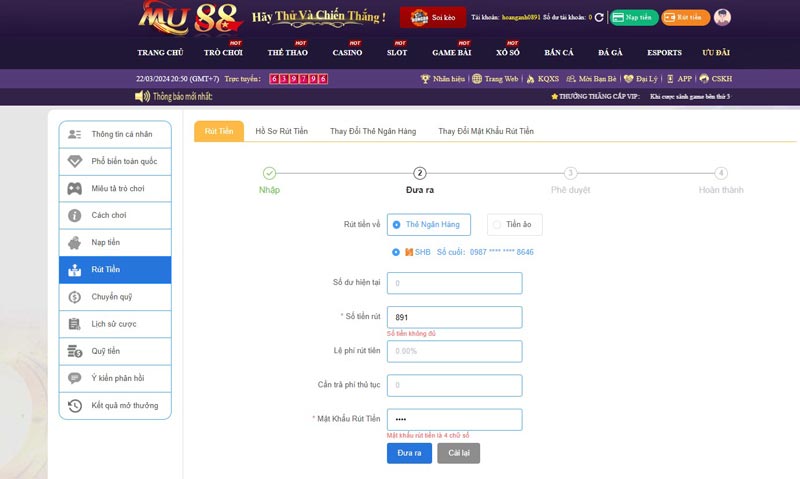 Hướng dẫn rút tiền Mu88 từ A đến Z 